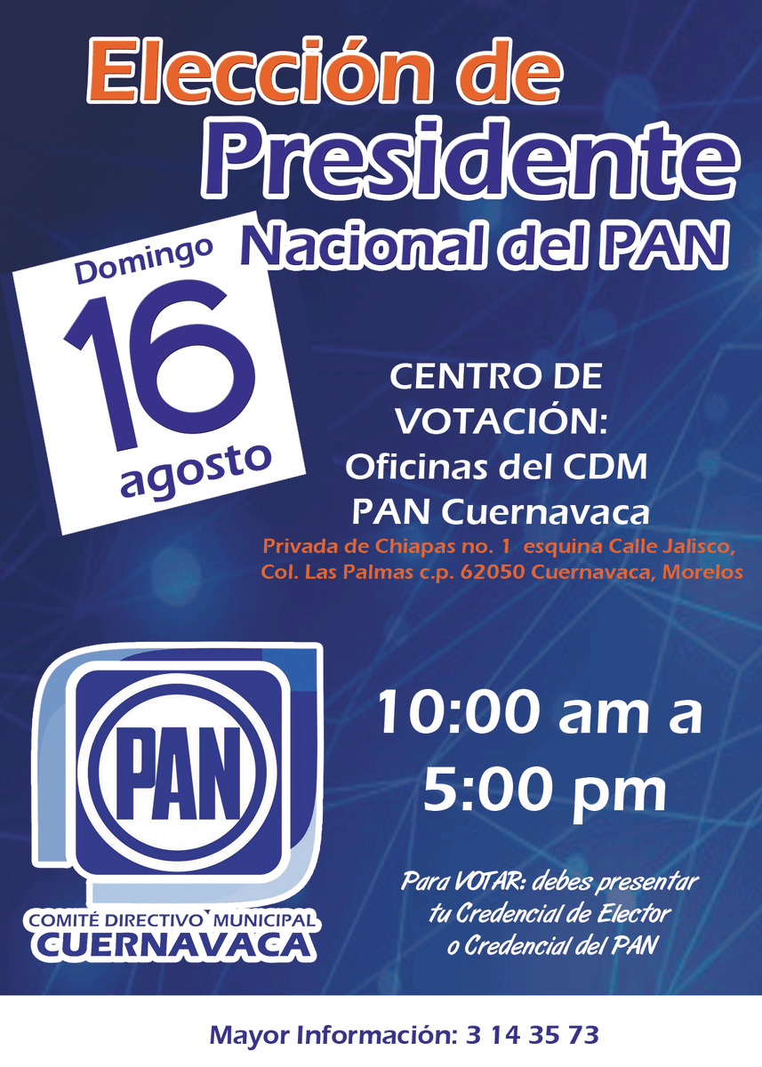 PAN_Cuernavaca's tweet photo. #Eleccion #PresidenciaNacional #PAN #CentrodeVotación #Cuernavaca
Oficinas del CDM, 10:00 am a 5:00 pm,16 Agosto. http://t.co/pBSXOzD7EY