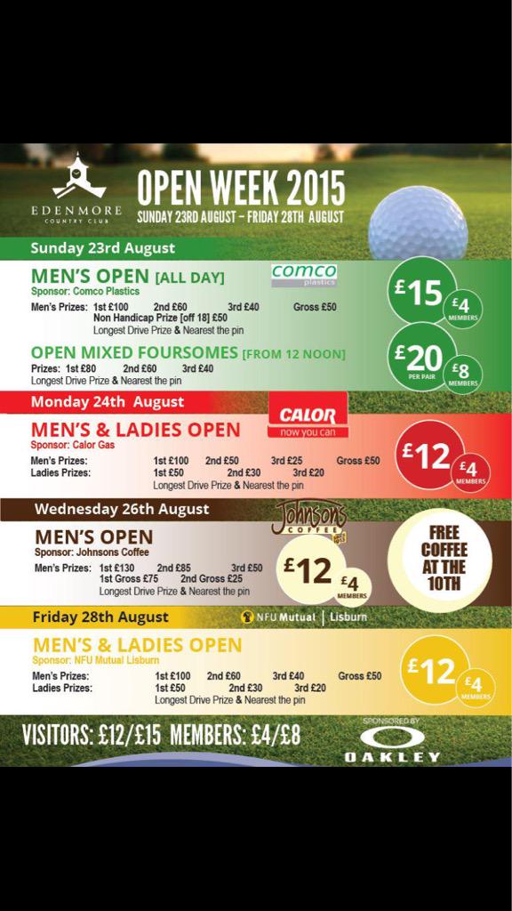 StephenFerris6's tweet photo. Have a look at the @EdenmoreGC open week schedule and get yourself booked in #prizes http://t.co/ZQf43et1Ff