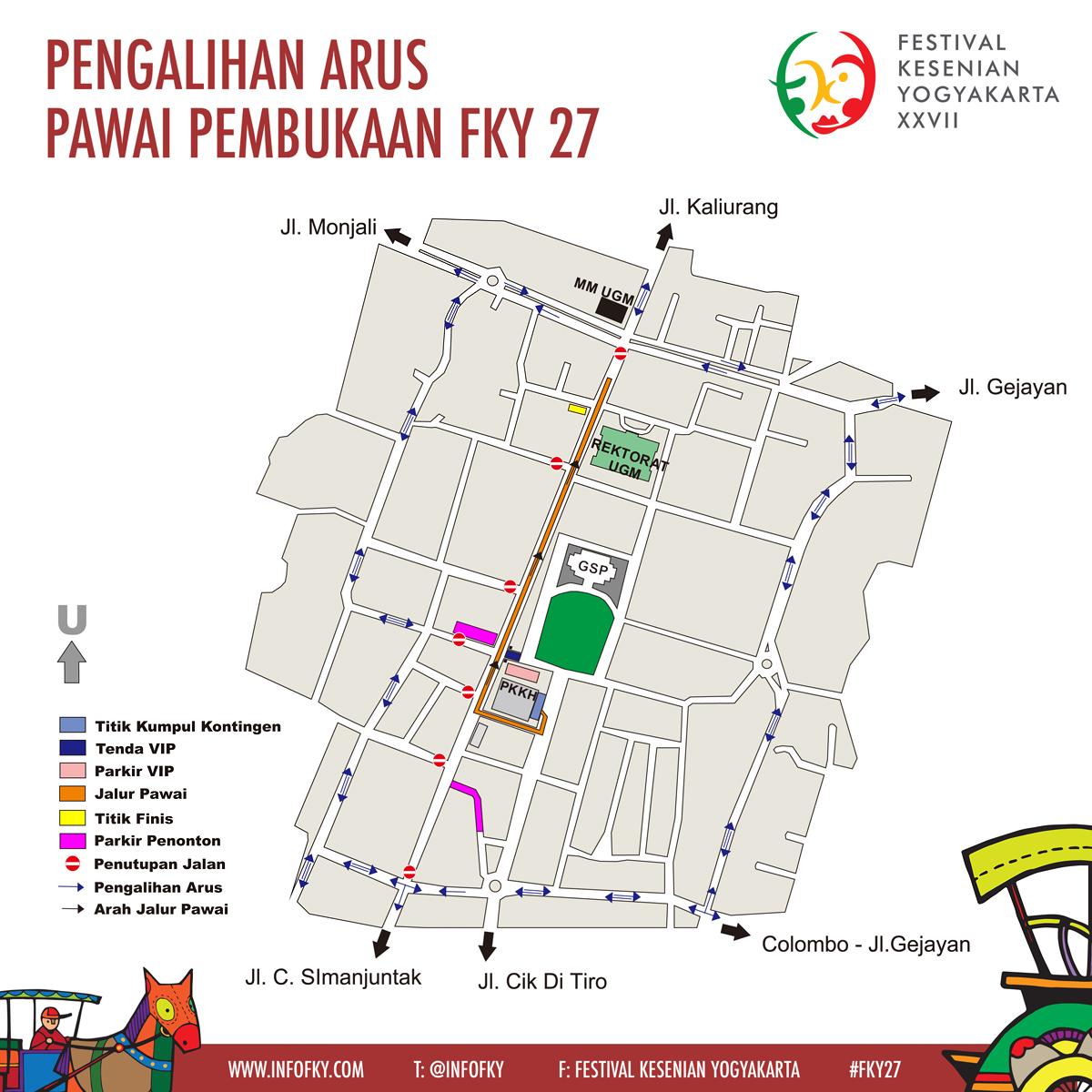 akan ada pengalihan arus di sebagian ruas jalan Kaliurang, berikut peta pengalihan arus Pawai #eDANeDANan . #FKY27