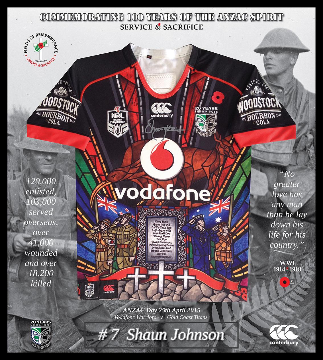 One NZ Warriors on X: Signed #AnzacDay jersey worn by @Shaun_Johnson90​ to  raise funds for charity