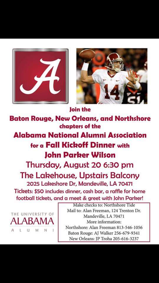 nolabamaalumni's tweet photo. Looking forward to the Louisiana BAMA event/dinner with @jpwilson4 on Aug 20th. Please RSVP and Roll Tide. #nolabama http://t.co/q42fUyZHOK