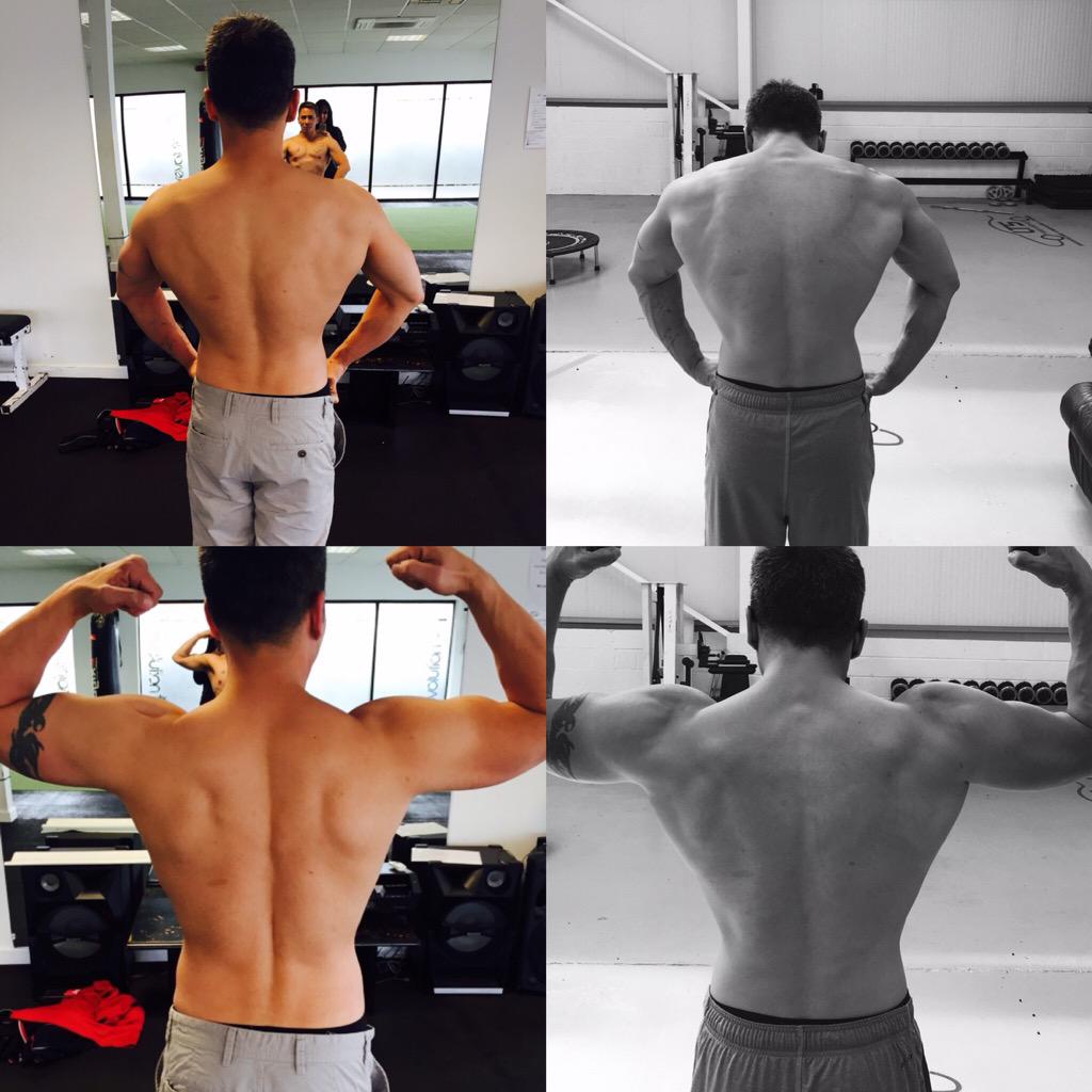 rayc268's tweet photo. This is what happens when @KateAustin26  gets hold of u 😂😂 changes in back the last 7 weeks well happy 💪💪💪💪💪 http://t.co/5JCA9hGS6A