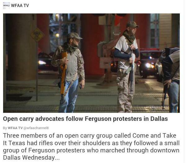 mikebrowncover's tweet photo. No surprise that armed White militia groups are roaming free in Ferguson. They went to Dallas chasing activists too. http://t.co/o5Vjvdl5NN