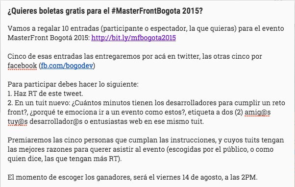 LatamDev_'s tweet photo. ¿Quieres entradas gratis al #MasterFrontBogota? http://t.co/0AqukTikxK