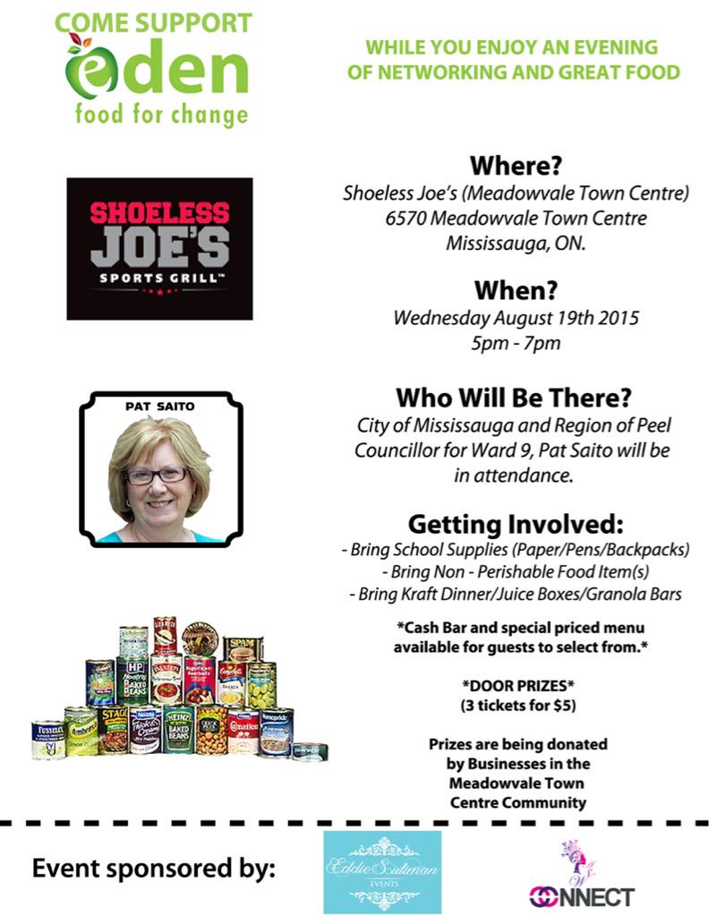 ESulimanEvents's tweet photo. #Mississauga: YOU are invited to join us in the @EdenFood4Change event! @PatSaitoWard9 will be there. #ESEvents http://t.co/0wIqeiUGzp