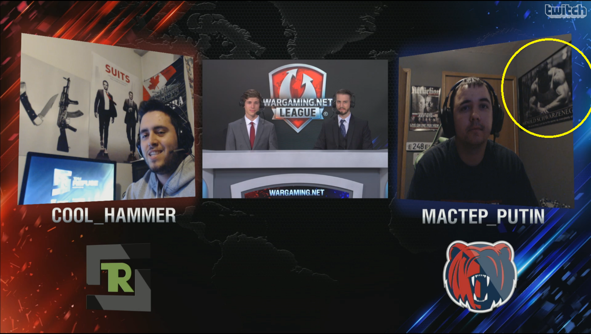 KrafterAnonymos's tweet photo. @hashtag_ru's @MACTEP_Putin rocking the Arnold Schwarzenegger poster for the faceoff :P #WGLNA #BattleViewer http://t.co/MZMKhNcV3s