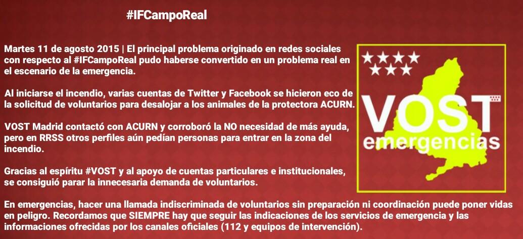 VOSTmadrid's tweet photo. #VOST: Comunicado sobre #IFCampoReal. La información en #emergencias es una responsabilidad. http://t.co/1tkZLWw2S9