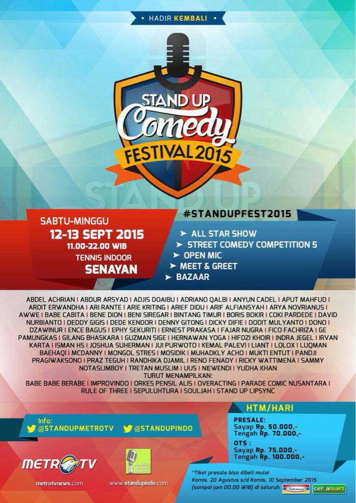 StandupIndo_Pdg's tweet photo. Perhelatan terkeren tahun ini #Standupfest2015 12-13 September 2015 di Tennis Indoor Senayan, info: @StandUpIndo http://t.co/PIHInHgtA8