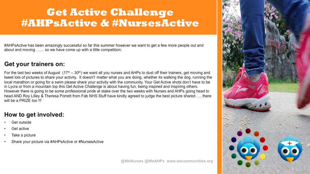 WeNurses's tweet photo. ANNOUNCING the "Get Active Challenge" > 

#NursesActive vs #AHPsActive for the last 2 weeks of summer http://t.co/ixyGzF4sSh