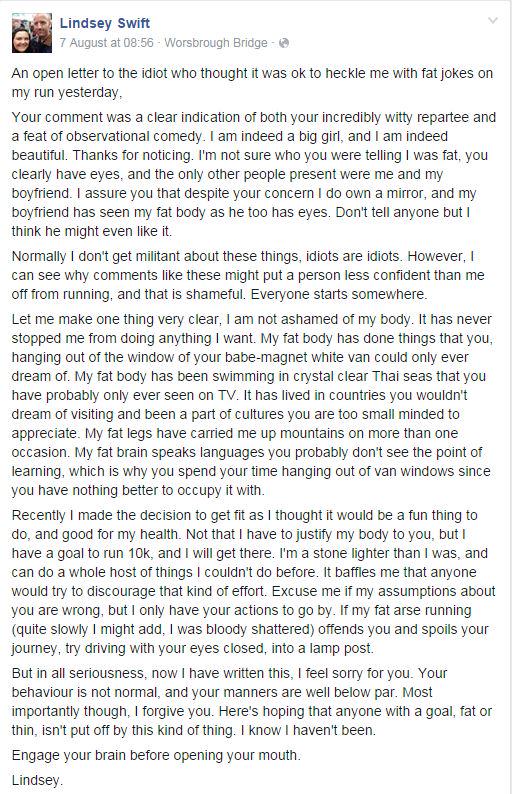 Barnsley woman goes for a run. Gets abuse about her weight from a driver. Writes this. World gets behind her.