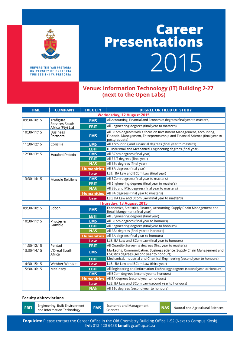 University of Pretoria Career Presentations: 12th &amp; 13th Aug 2015