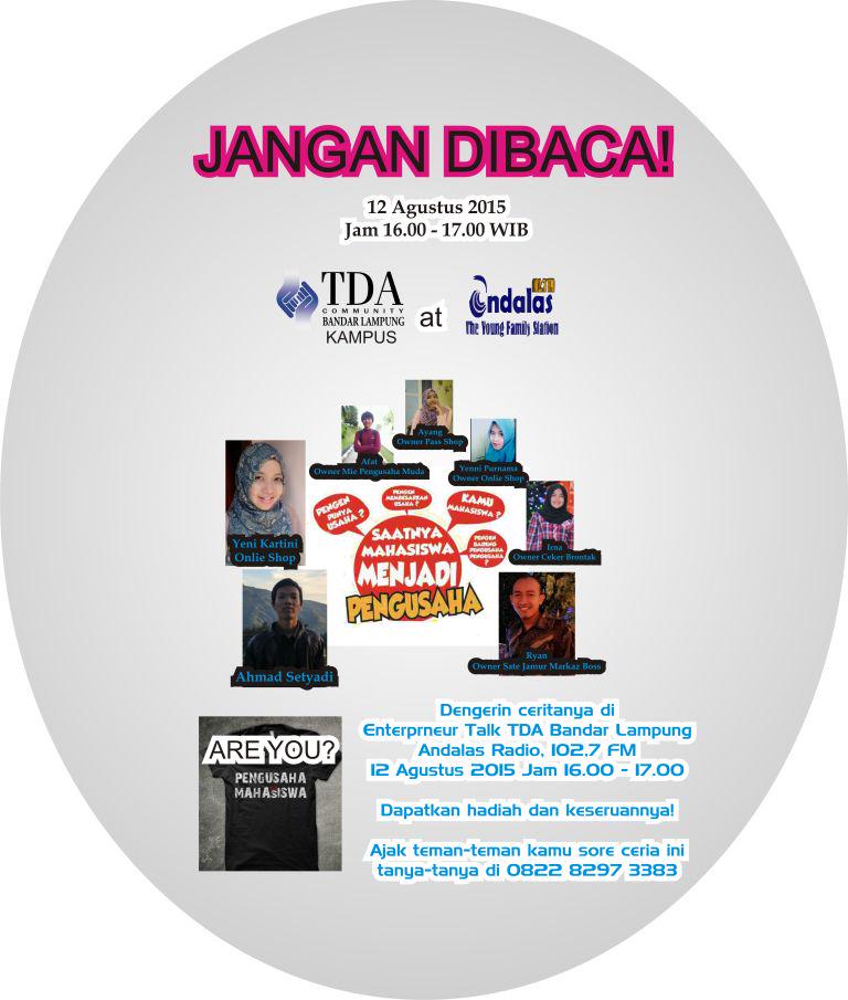 Enterprneur TAlk <a href="/TDALampung/">TDA di Lampung</a> with <a href="/TDAkampusBDL/">TDA kampus BDL</a>  at <a href="/AndalasRadio/">Andalas FM 102.7</a> 12/8/2015 jam 16.00 - 17.00 cc <a href="/bandarlampung/">LampungDirectory.com</a>