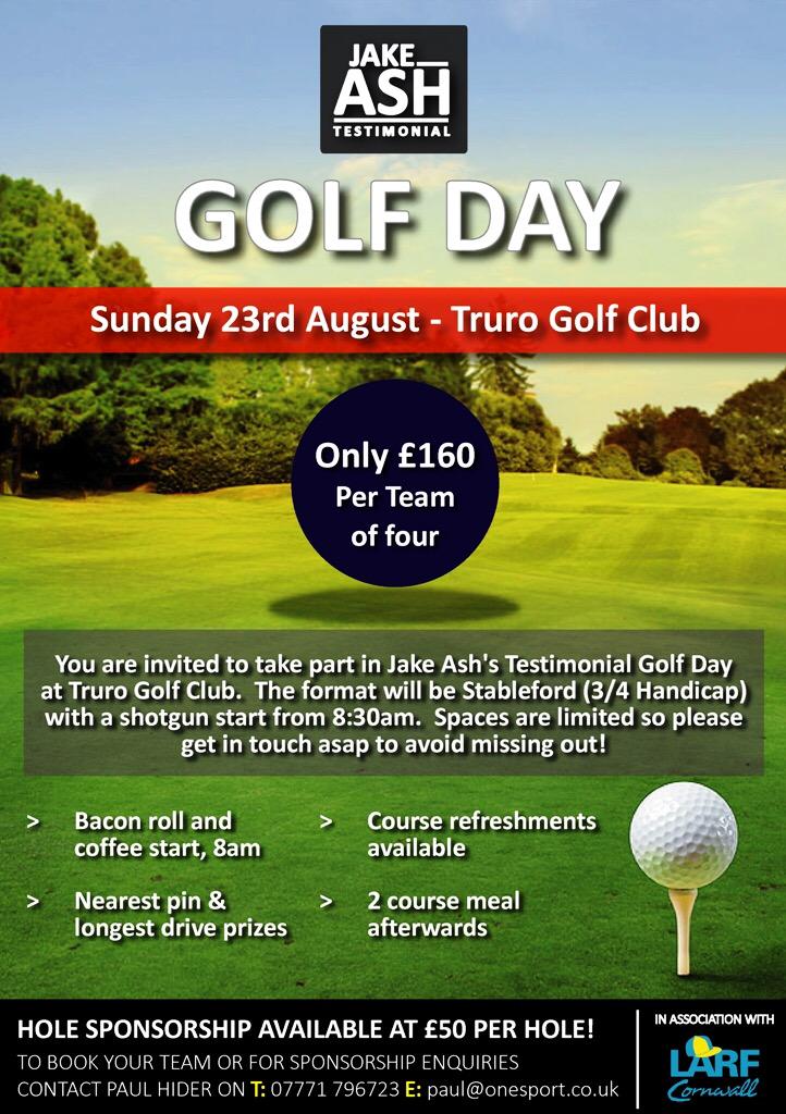 Jake Ash Testimonial (@jatestimonial) on Twitter photo Looking for teams to enter the Golf Day next Sunday 23rd! Only £160 per team of 4! E: paul@onesport.co.uk for details Looking for teams to enter the Golf Day next Sunday 23rd! Only £160 per team of 4! E: paul@onesport.co.uk for details
