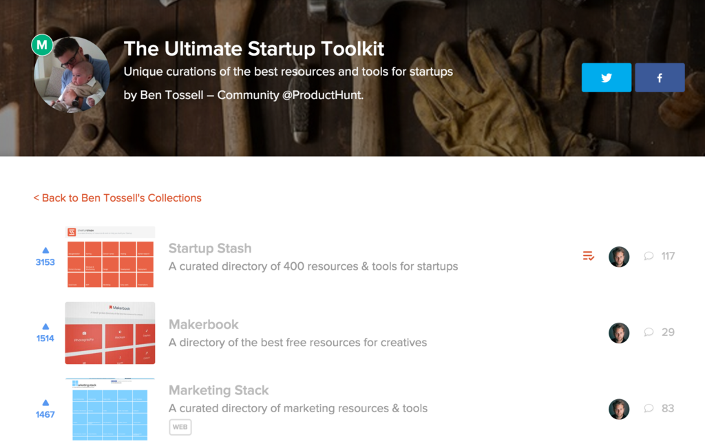startupstash's tweet image. Nice @producthunt collection by @bentossell: The Ultimate Startup Toolkit buff.ly/1L5MnJc