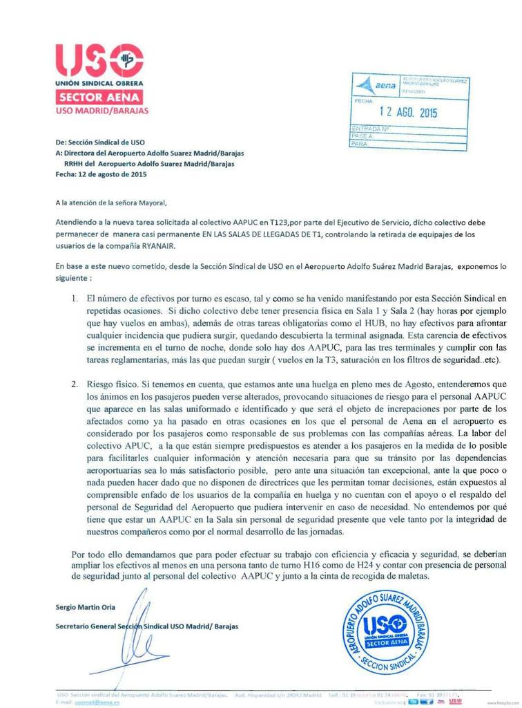 UsoAenaBarajas's tweet photo. USO INFORMA: escrito registrado a la directora de #Barajas, por la nueva tarea solicitada al colectivo #AAPUC http://t.co/JZXkyyHrEM