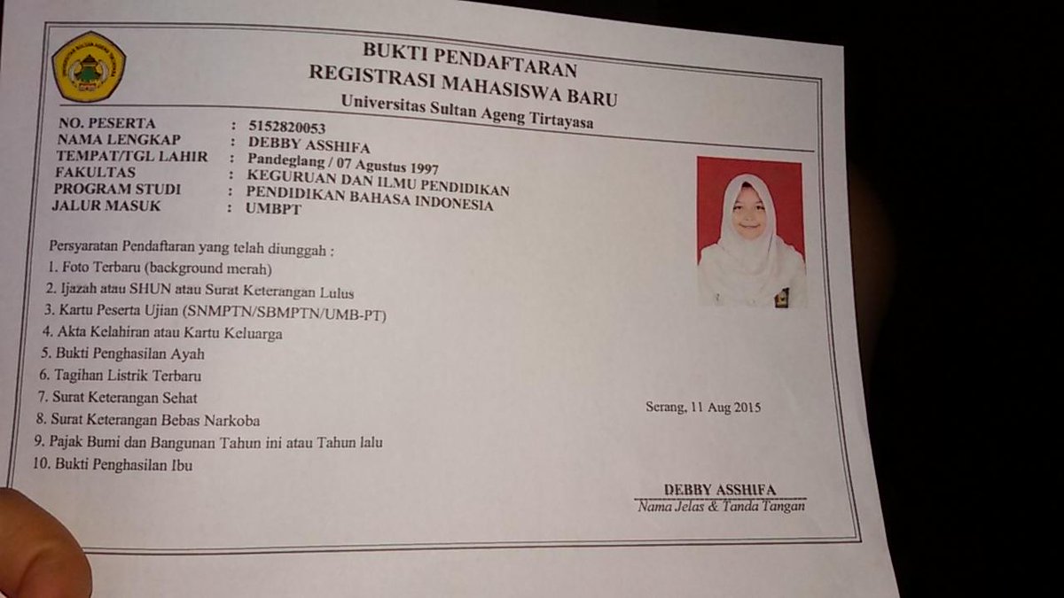 DebbyAshifa's tweet photo. Ka mau tanya,bukti registrasi online yg harus di bawa besok ini bukan ? @infoUNTIRTA http://t.co/vHPTDAcxoa