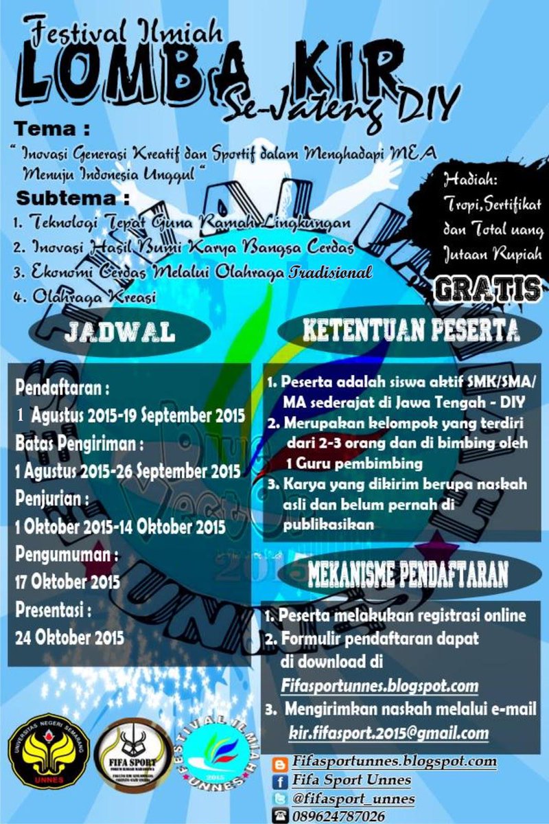fifasport_unnes's tweet photo. @infolomba_indo Lomba KIR SMA/SMK/MA sederajat se-Jateng dan DIY http://t.co/V838BVwdRh