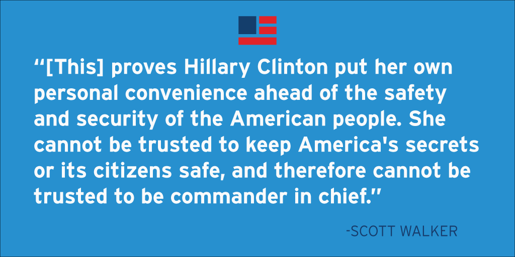 ScottWalker's tweet image. Top secret emails on @HillaryClinton's server is a serious and potentially criminal offense. -SW