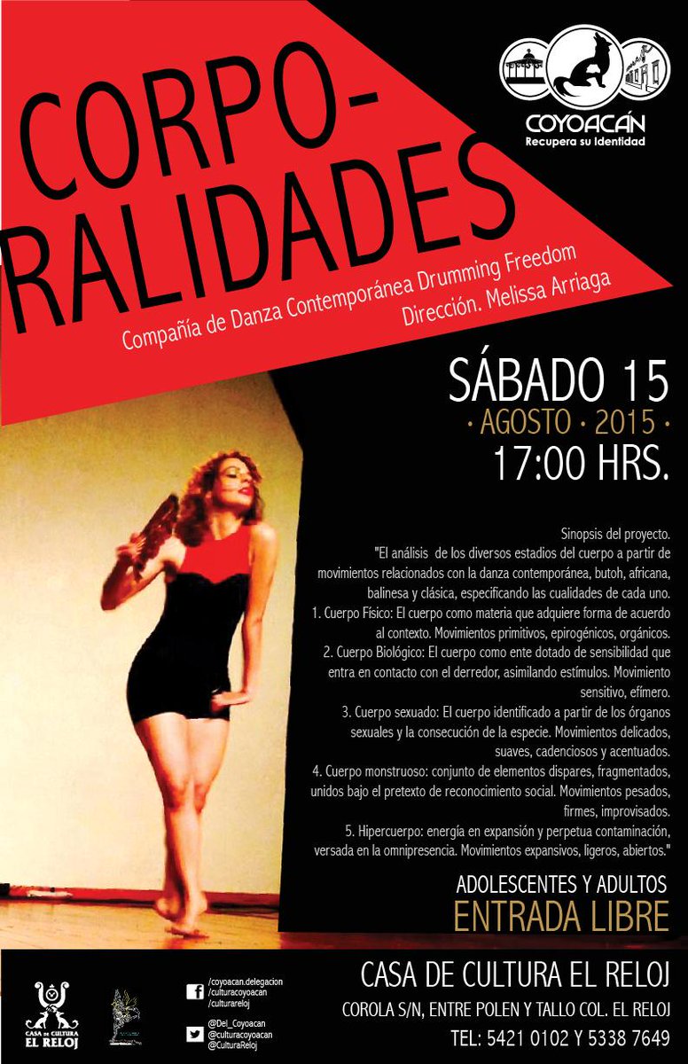 CulturaReloj's tweet photo. @SubDePolCulCoy Presentación de Danza: "Corporalidades" en la Casa de @CulturaReloj, sábado 15 de agosto, 17:00 horas http://t.co/DcfltjQSrP