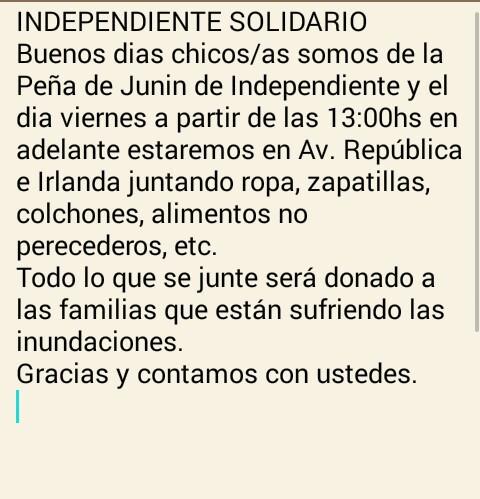 ReyCopasJunin's tweet photo. INDEPENDIENTE SOLIDARIO
Necesitamos la colaboración de todos para ayudar a las familias q sufren estas inundaciones http://t.co/1qwMPet90p