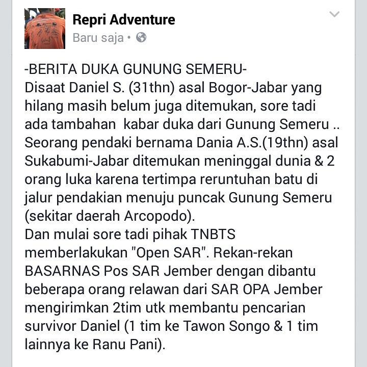 RezhaParafly's tweet photo. Sumber: dari rekan SAR OPA Jember &amp; Basarnas Jember dalam grup KOMUNIKASI RELAWAN

#semeru #gunungsemeru #SAR #rescue http://t.co/njb4uuBGdM
