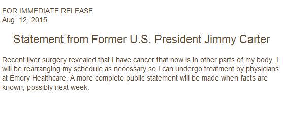 JUST IN: Jimmy Carter confirms he has cancer: "Recent liver surgery revealed that I have cancer"