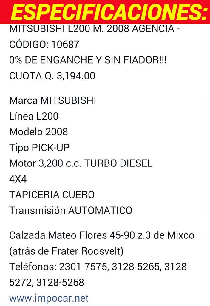 PasionRojaGT's tweet photo. #promodeldia Gracias a #IMPOCAR éste Pick-up Mitsubishi L200 modelo 2008 puede ser tuyo! LLAMA YA al Tel: 2301-7575 http://t.co/oZcmmcraIG