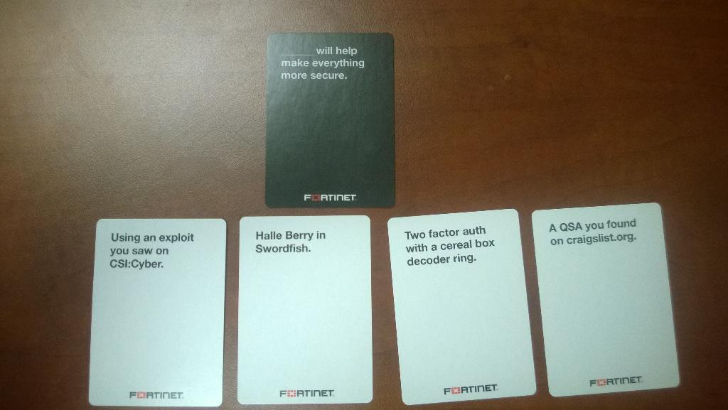 hackerhiker's tweet photo. Thank you @Fortinet for the best swag of #BHUSA! #CardsAgainstSecurity http://t.co/3dhuFn5Ot8