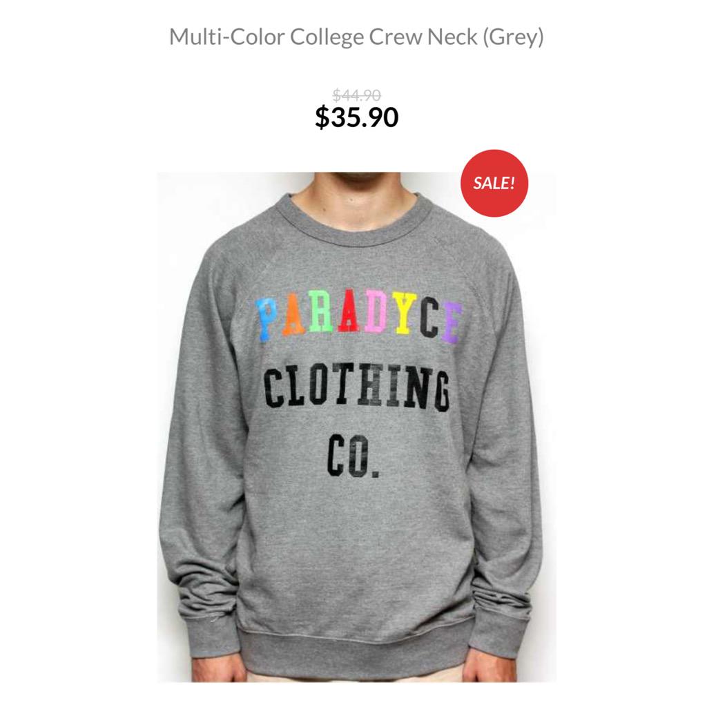 TheParadyceShop's tweet photo. #Paradyce
Grey Multicolor Logo Crew Necks are currently on sale for a limited time. 

#StreetStyle #Fashion http://t.co/OKA0X8qJ6H