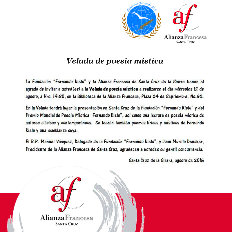 Hoy! Velada de la poesía mística, organizada por la Fundación "Fernando Rielo" y la Alianza Francesa de Santa Cruz.