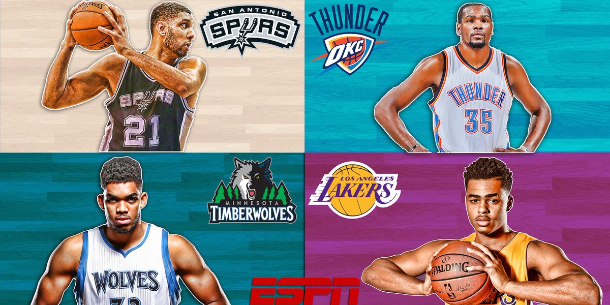 ESPNNBA's tweet image. It’s official! Our first ESPN matchups of the season are... 
-@Spurs vs. @okcthunder
-@MNTimberwolves vs. @Lakers
