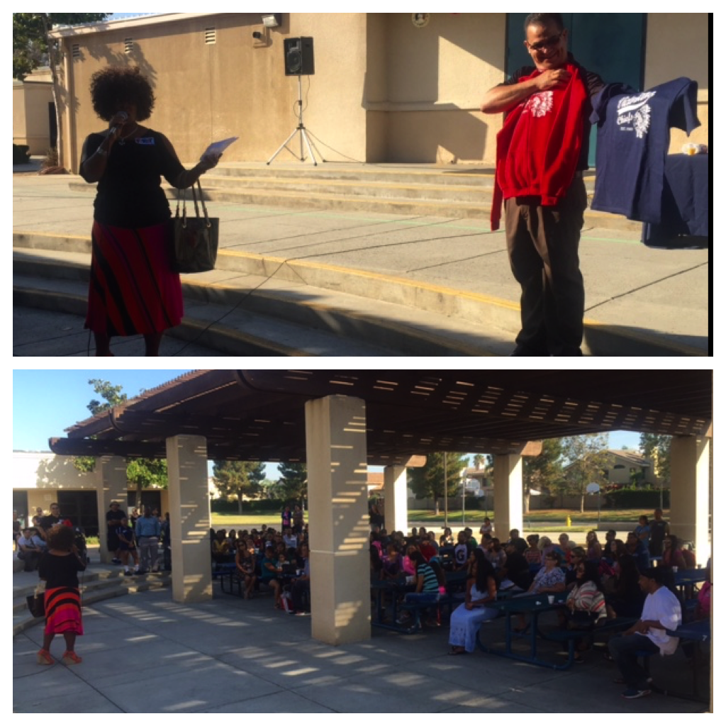 More than 200 parents turned out for Coffee with the Principal! Modeling spirit-wear! #Chiefs #VVFirstDayOfSchool