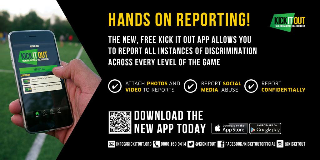 kickitout's tweet photo. NEW APP: Reporting discrimination in football has been made easier with our updated app: http://t.co/h3qNDWHLbw http://t.co/xT9oRTRSQl