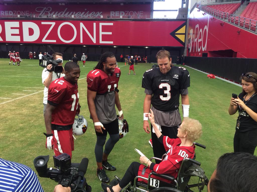 MarkMcClune's tweet photo. #AZCardinals Coach Bruce Arians wishes @DelmaGraham a Happy 100th Birthday.  Larry Fitzgerald introduces himself http://t.co/Q2Lji9hYj2