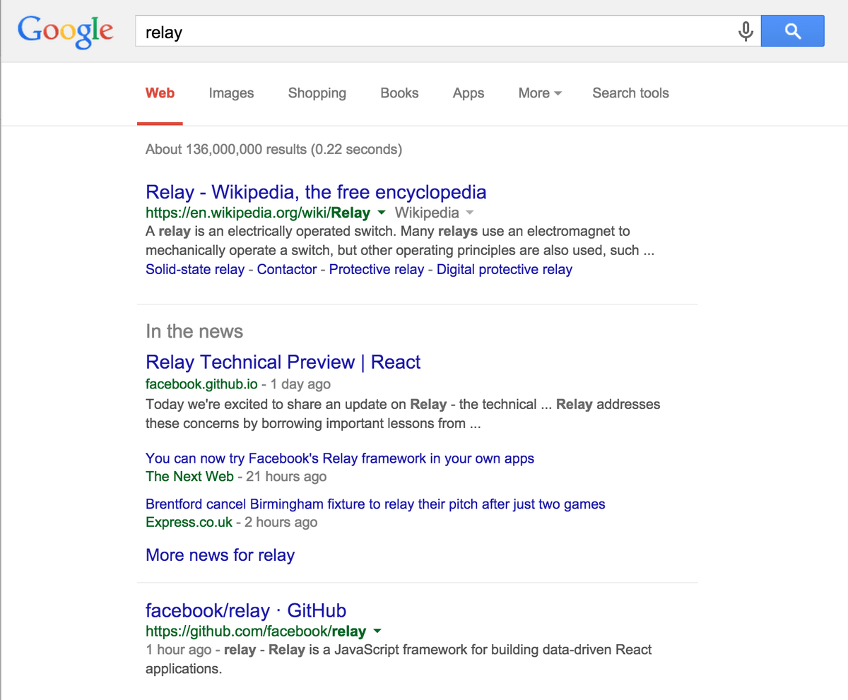 ngao's tweet image. 24 hours after launch, #relayjs is the second result on google (after wikipedia) for term "relay". Not too shabby.