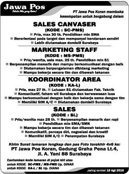 jawaposco's tweet photo. Lowongan kerja di Jawa Pos: Sales Canvaser, Marketing Staff, Koordinator Area, Sales http://t.co/14tgQap9sB