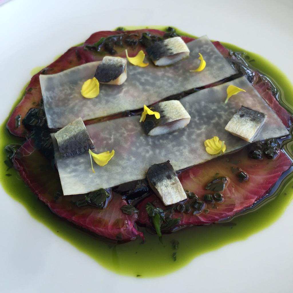 drevkang's tweet photo. Thanks @MontyKoludrovic for an amazing lunch at icebergs. Beetroot cured kingfish with herb vinaigrette. Speechless. http://t.co/Wr1b7MgsR5