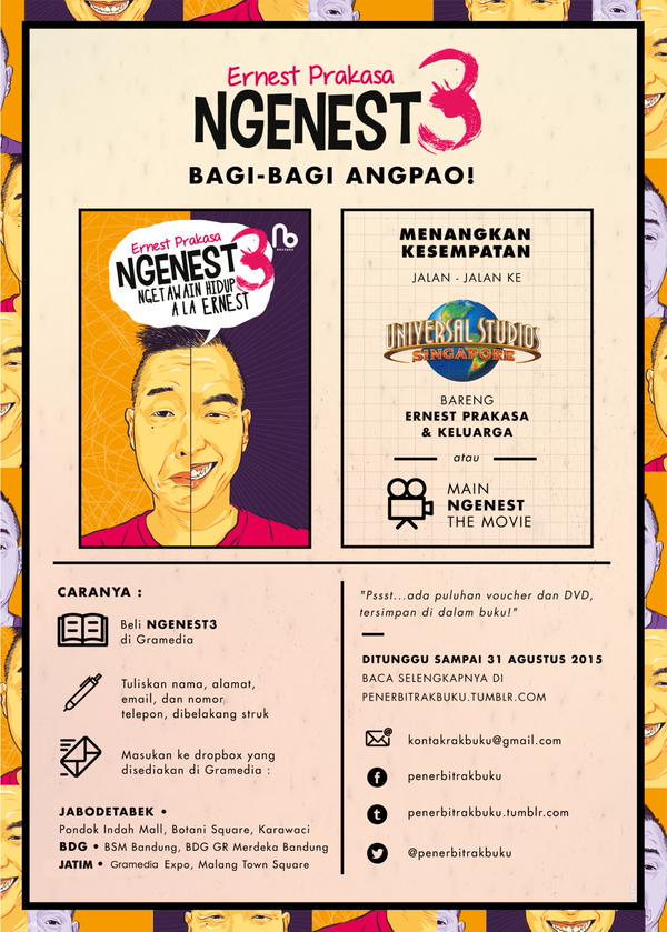 penerbitrakbuku's tweet photo. Beli #NGENEST3 bs ke Universal Studio SNG brg @ernestprakasa &amp; byk lainnya.. Info di http://t.co/hvJWxr1Zid http://t.co/BfaejMx1ur