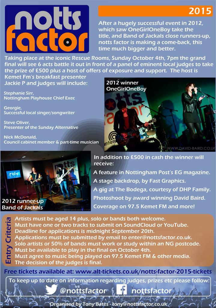 NottsFactor's tweet photo. Keep those #NottsFactor15 entries coming in, £500 + a lot more up for grabs, live final at @rescuerooms, please RT http://t.co/lTEtXCOw76
