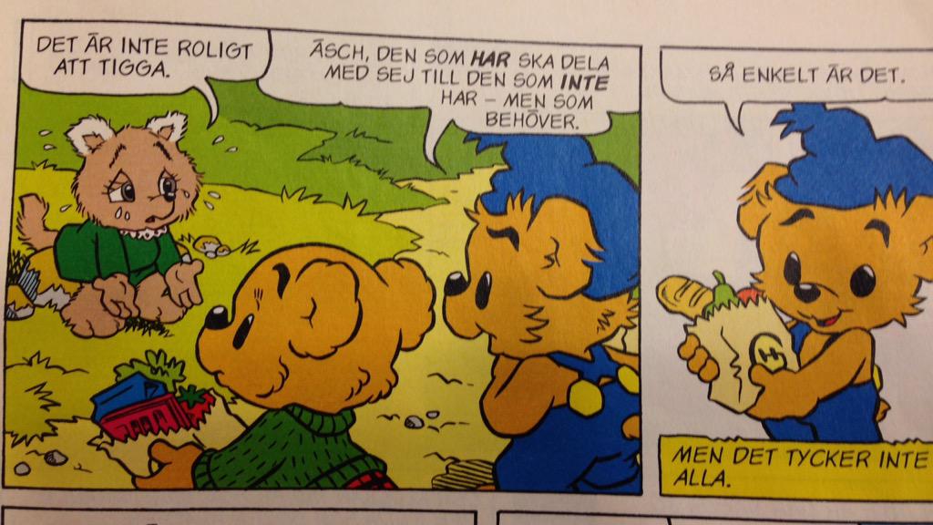 veronikapso's tweet photo. "Den som har ska dela med sig till den som inte har, så enkelt är det" Bamse har koll. @Jonas_Gardell @Malena_Ernman http://t.co/X5PK6Jghnr