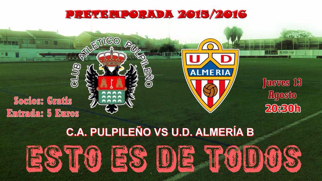 Hoy, en el Estadio San Miguel de Pulpí desde las 20:30.
Club Atlético Pulpileño - U.D. Almeria B.
Allí te esperamos⚽️