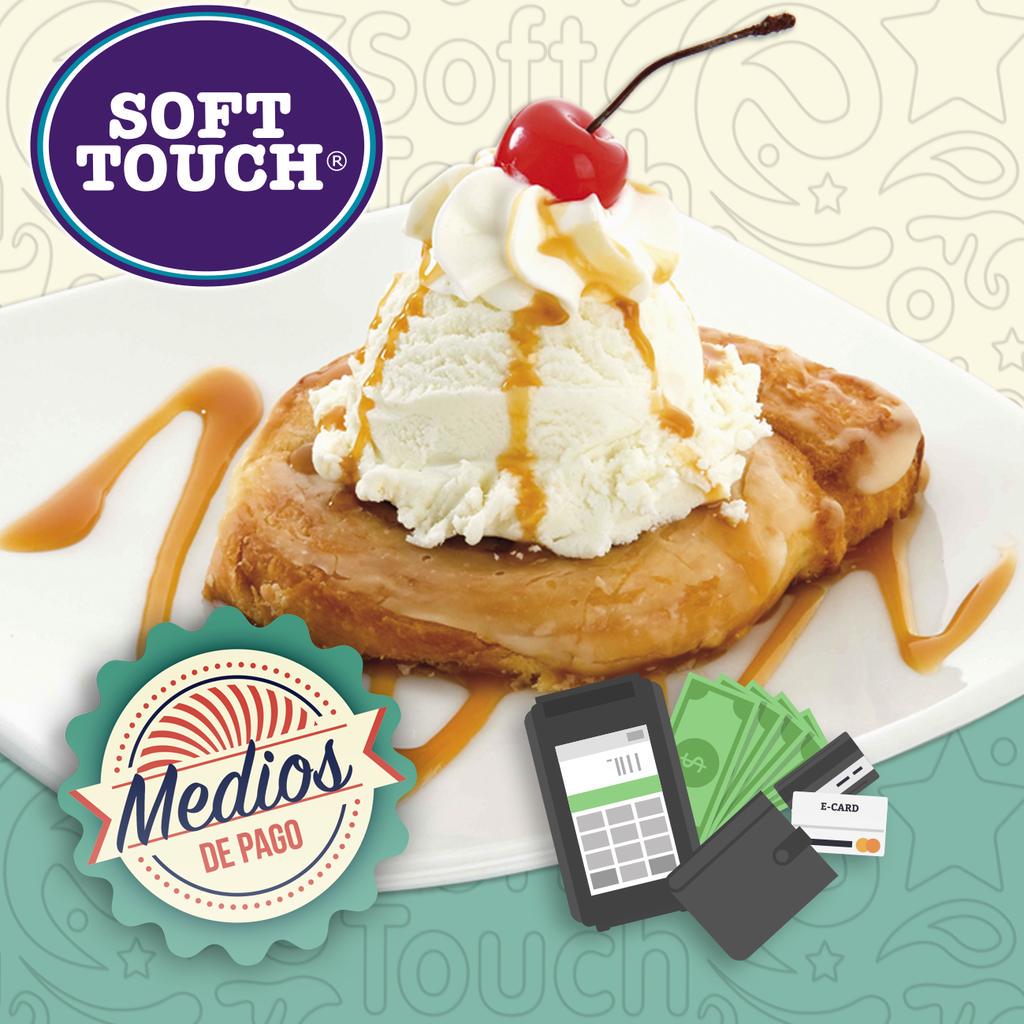 Medios de pago: efectivo · débito · crédito · big pass · sodexo · bonos de regalo Soft Touch