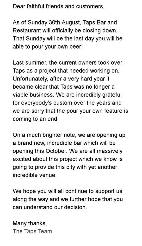 TapsManchester's tweet image. BREAKING NEWS... WE ARE SAD TO ANNOUNCE WE ARE CLOSING DOWN.