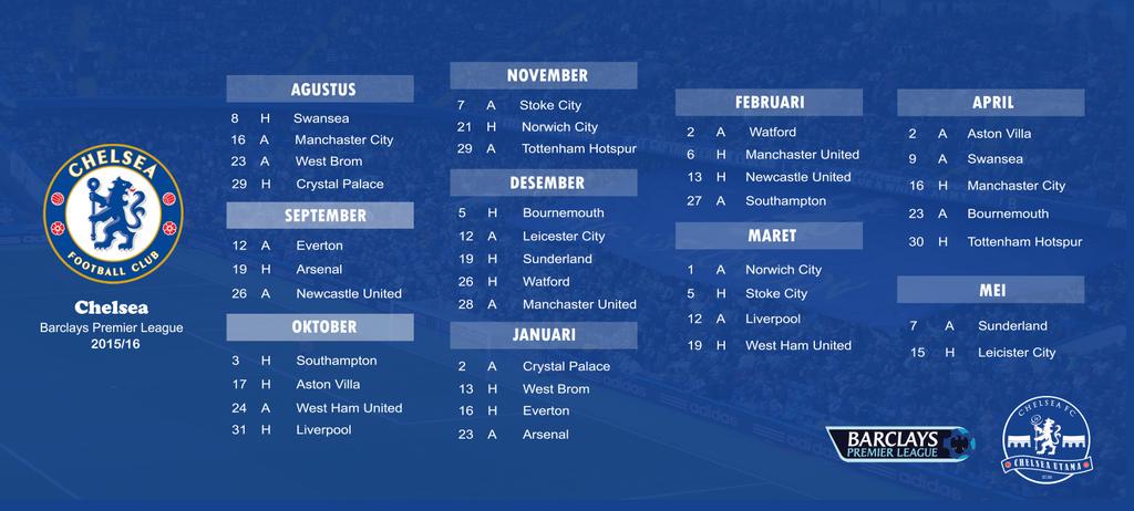 Berikut jadwal pertandingan Chelsea di Barclays Premier League musim 2015/2016 #CFC