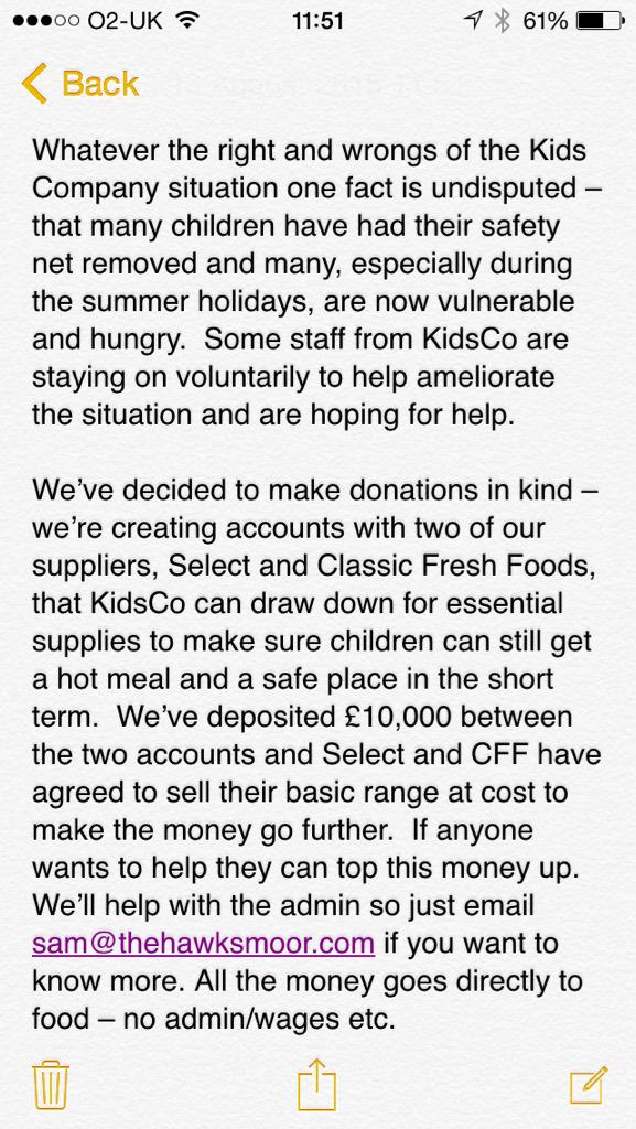 HawksmoorTweets's tweet photo. Dear industry friends, a note about the children previously supported by #KidsCompany. Please RT. http://t.co/0r41emGQ9g