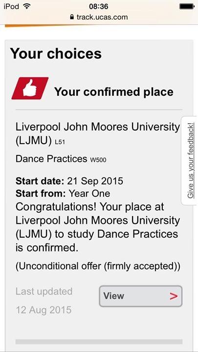 LeonnArmstrong's tweet photo. Officially going to be a Dance Student at Liverpool John Moore's University! The excitement I have is unreal ! #Sep21 http://t.co/VzAZOwhtkf