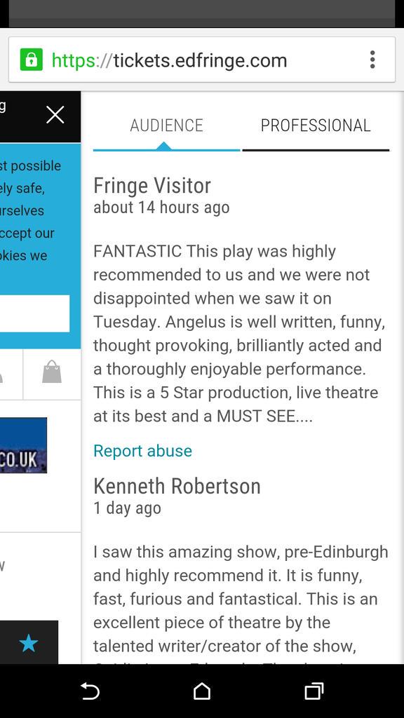 AngelusPlay's tweet photo. Another lovely review for #angelus @RumMonkeyProd.  Only 3 shows left at #edfringe2015 http://t.co/sZ9uqXdvSu