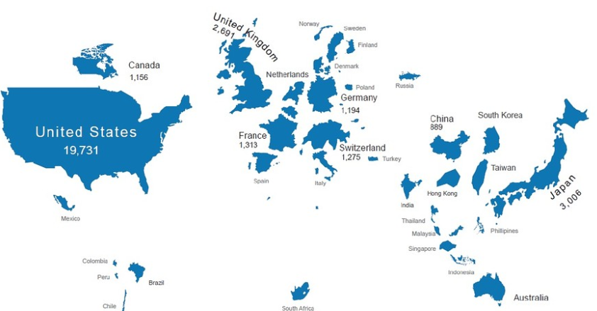 AdviseOnly's tweet photo. La mappa del mondo se fosse misurato dalle capitalizzazioni di mercato, elaborata da Bank of America-Merryl Lynch. http://t.co/mmlQUkzBhi