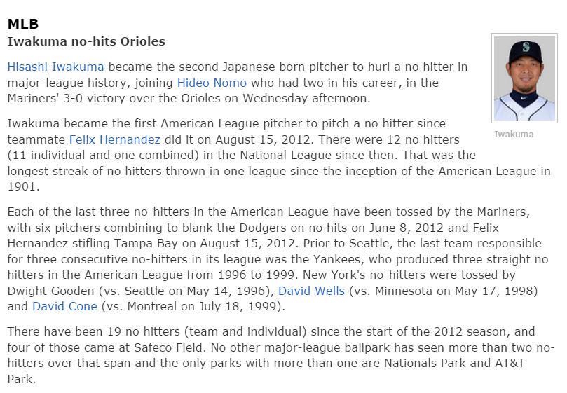 MarinersPR's tweet image. A few tidbits from the @EliasSports on the #IwakumaNoNo: